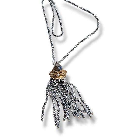 Bohemian neckline long tassel beaded Labradorite crystal gray silver coastal - Picture 1 of 7